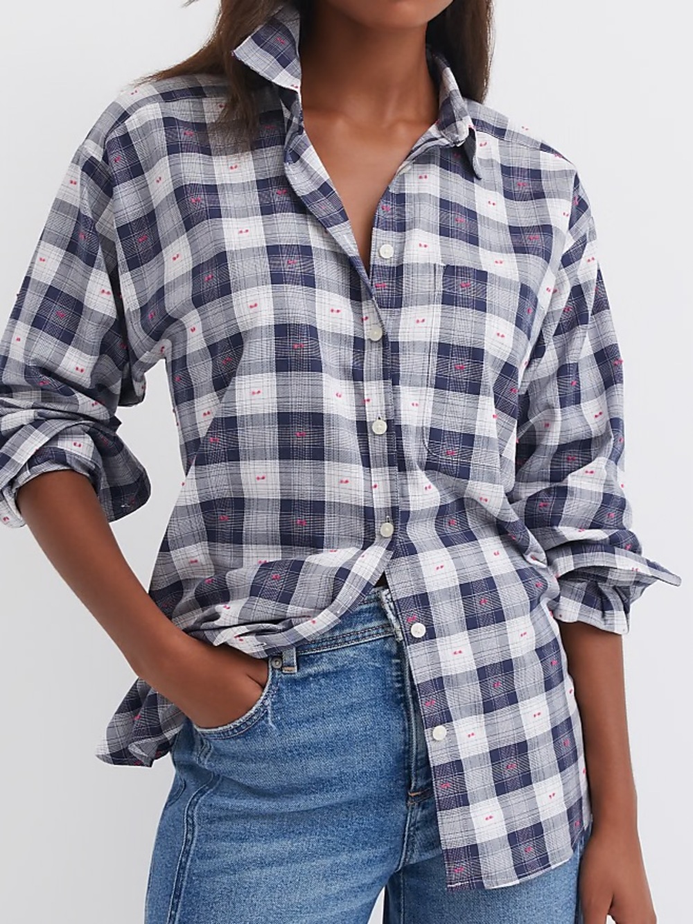 Loft Plaid Shirt with Pink Fuzzy Details